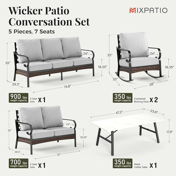 MIXPATIO Patio Furniture Set with Coffee Table, Outdoor Conversation Set with 2 x Rocking Chairs, 1 x 2-Seat Sofa, 1 x 3-Seat Sofa for Lawn Garden Backyard, Light Grey