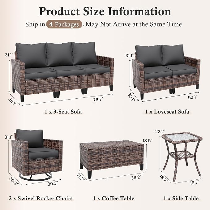 Amopatio Patio Furniture Set, Wicker Outdoor Sectional Sofa with Swivel Rocker Chairs, All-Weather Rattan Conversation Set, Storage Coffee Table, Waterproof Cover for Backyard, Deck Brown/Grey 6 PCS