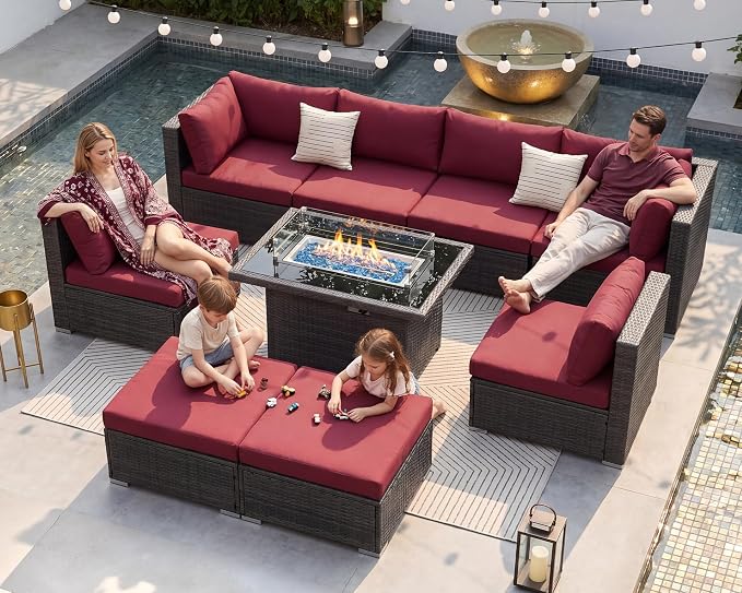 BULEXYARD 9 Pcs Highback Patio Furniture Set with Firepit, High-End Outdoor Sectional Couch with Ottoman 8-Seats, Cozy Comfy Wide Deep Deck Seating Group Conversation, Grey Rattan & Red Cushion