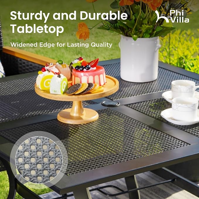 PHI VILLA 5 Pieces Outdoor Dining Set for 4, 37" Square Mesh-top Metal Table & Swivel Chairs with Cushions, Heavy-Duty Iron Furniture Set for Patio, Deck, Backyard, Porch