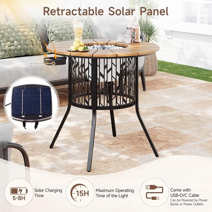 ONBRILL Round Patio Coffee Table with 3.3 Gallon Ice Bucket, 31.5 Inch Solar-Light Cooler Side Table, HDPS Outdoor Dining Table with Metal Base for Outside, Porch, Garden, Backyard, Black & Oak