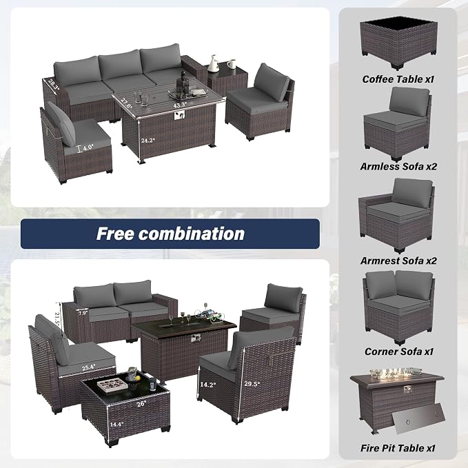 Kurapika 7 Pieces Patio Furniture Set, Rattan Outdoor Conversation Sets w/43in Propane Fire Pit Table and 4 Inch Cushion(Grey)