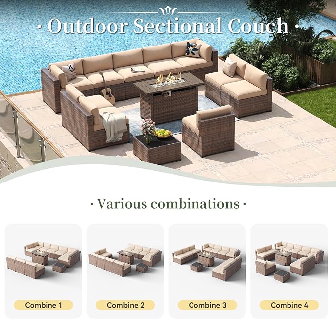 Aoxun 12 Piece Patio Furniture Set with 44” Fire Pit Table Wicker Rattan Outdoor Sectional Sofa Set with Coffee Table and Thickened Cushions, Beige