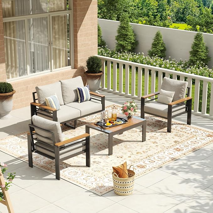 Aoxun Aluminum Patio Furniture Set 4 Seats, Oversized Outdoor Sectional with Washable Thick Cushions, Coffee Table, Patio Conversation Sets for Porch, Balcony, Deck