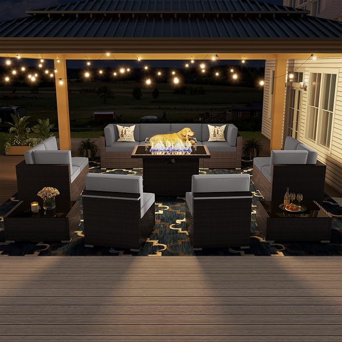 13 Pieces Patio Furniture Set with 44" Propane Gas Fire Pit Table, Outdoor Sectional Wicker Conversation Sofa Sets with Coffee Table
