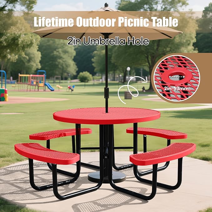 46" Round Picnic Tables for Outdoors,Commercial Metal Picnic Table Bench Set W/ Umbrella Hole,Restaurant School Canteen Tables W/Seats - Heavy Duty Sturdy Picnic Tables for Patio Garden Coffee Shop
