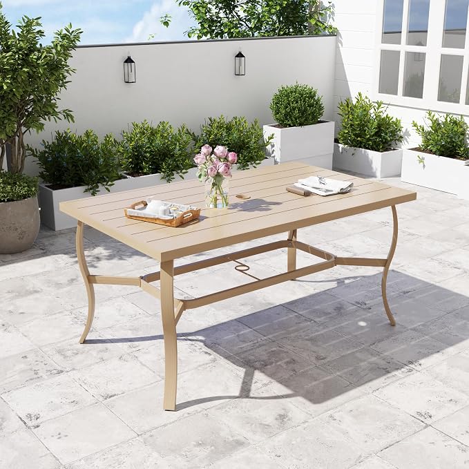 6-Person Outdoor Dining Table, Aluminum Rectangle Outdoor Dining Table with 2.2" Umbrella Hole, Rustproof Aluminum Patio Dining Table for 6, All-Weather for Garden Yard Poolside, Beige
