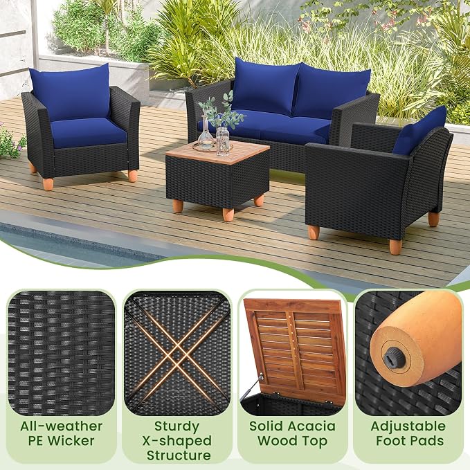 ORALNER 4 Pieces Patio Furniture Set, Outdoor Wicker Conversation Chairs, Loveseat w/Cushion, Acacia Lift-Top Coffee Table, Rattan Set for Balcony Garden Backyard Front Porch Poolside Deck (Navy)