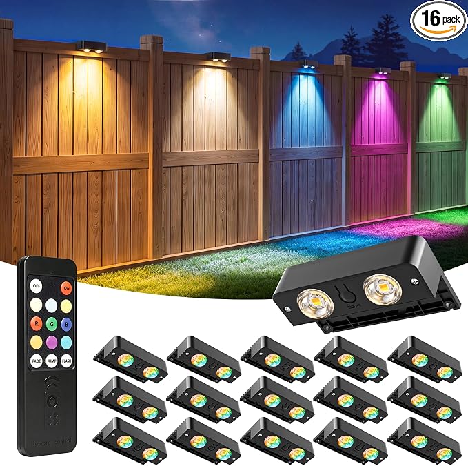 Bridika Solar Deck Lights Outdoor with Remote, L-Shaped Design, Black 16 | Remote sync all lights, 9 Colors & 3 modes, LED, IP65 waterproof, Dusk to dawn, for fence/deck/patio/stairs/railing/wall