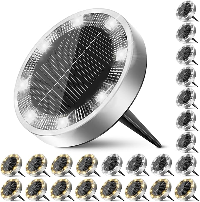 Solar Ground Lights Outdoor, 24 Pack Flat Solar Powered Disc Lights, IP68 Waterproof, Anti-Rust, Landscape Lighting for Pathway Garden Lawn Walkway Landscape Driveway, Warm White+Cool White