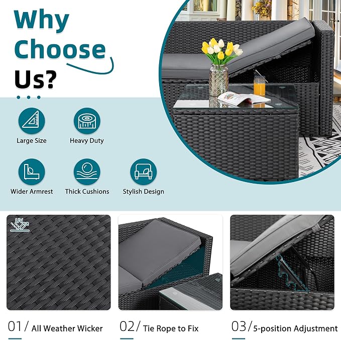SUNLEI Patio Furniture Set with Detachable Soft Cushions, Outdoor PE Rattan Patio Conversation Sofa Set, 3-Piece Patio Sectional Sofa with Glass Coffee Table, Black Rattan/Royal Grey