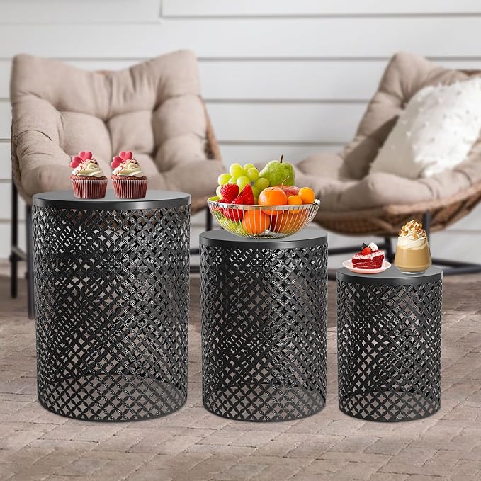 Outdoor Side Table Set of 3, Decorative Garden Stool for Indoor Outdoor Heavy Duty Metal Frame Accent Table Modern End Table for Gardens, Balconies, Bedrooms, Kitchens, Cafes, Black