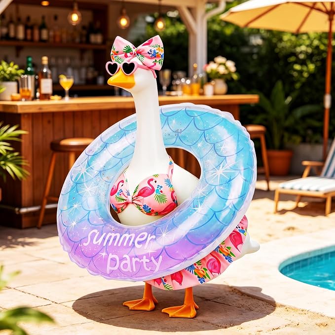 23 in Porch Goose Summer Outfit Bikini, Hawaiian Porch Goose Swimsuit Clothes Costume Accessories with Bow Glasses Swim Ring for 23" Summer Goose Garden Patio Statue Decor (Blue Flamingos)
