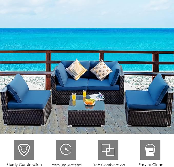 HAPPYGRILL 5 Pieces Patio Furniture Set Outdoor Rattan Wicker Sofa Set with Coffee Table Sectional Sofa Conversation Set with Pillows Cushions for Backyard Porch Garden Poolside