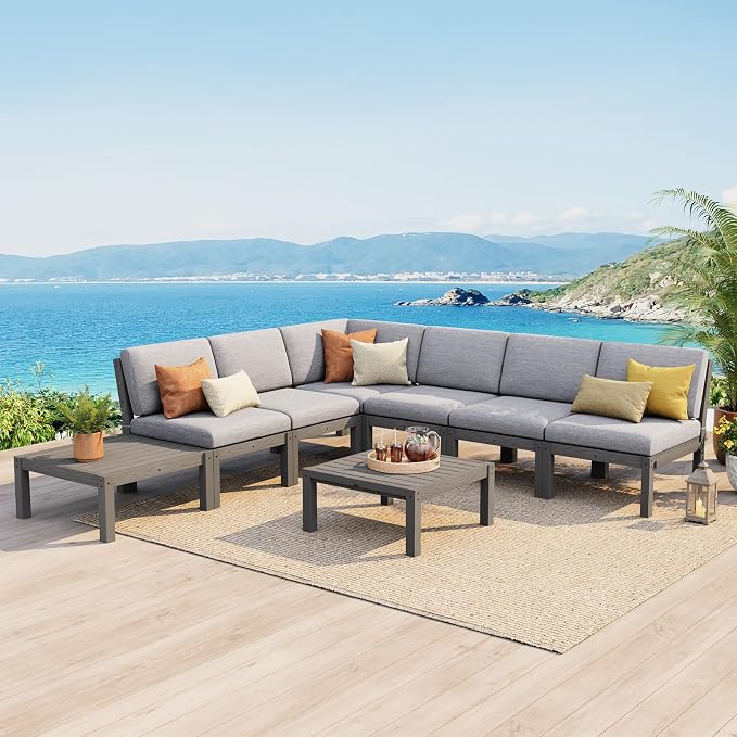 Stoog Modular L-Shaped Sectional Sofa Set, 8-Piece All-Weather Patio Furniture - Waterproof HIPS Frame & Quick-Dry Olefin Cushions, Grey