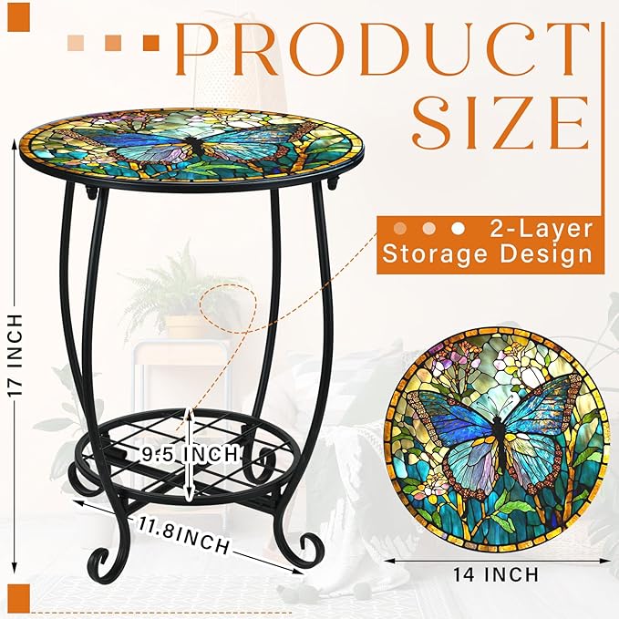 Cinnvoice Outdoor Side Table Round Small Mosaic Patio Accent Indoor End Plant Coffee Tea Table for Yard Patio Porch Garden Living Room, Bedroom(Butterfly Style,14 Inch)