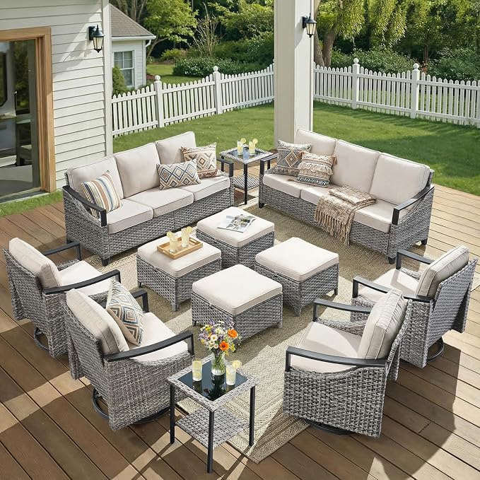 12 Piece Wicker Patio Furniture Sets-High Back Wicker Swivel Rocker Patio Chairs Set of 4 with Thick Cushions Ottomans, Outdoor Sofa, Patio Conversation Sets for Porch Balcony Patio Deck Grey/Beige