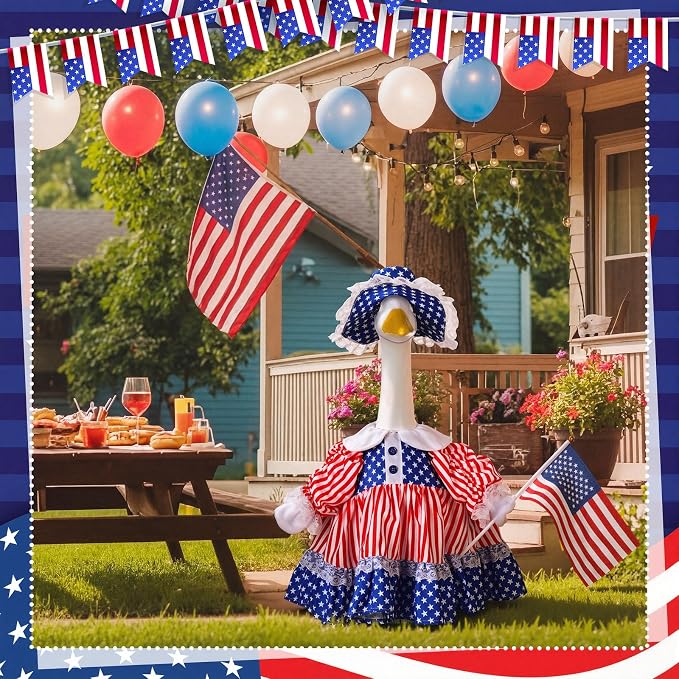 Soulchen 1 Set 4th of July Porch Goose Outfit 23 Inch Cement American Flag Patriotic Goose Dress Clothes and Hat Set for 250th Anniversary Independence Party Yard Lawn Outdoor Garden Patio Decor