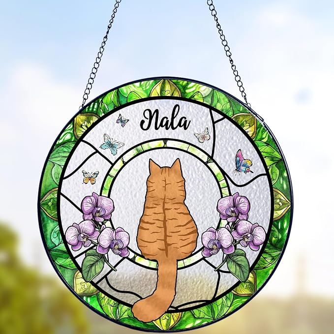Personalized Cat Stained Glass Suncatcher, Custom Name Pet Photo Memorial Ornament, Window Hanging Sympathy Gift for Loss of Pet, Cat Bereavement Keepsake, Remembrance Gift for Pet Lovers