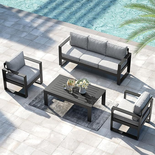 LayinSun 4 Pieces Aluminum Outdoor Patio Furniture Set, Metal Modern Conversation Sofa Set with Coffee Table and Washable Thick Cushions for Porch, Backyard, Deck