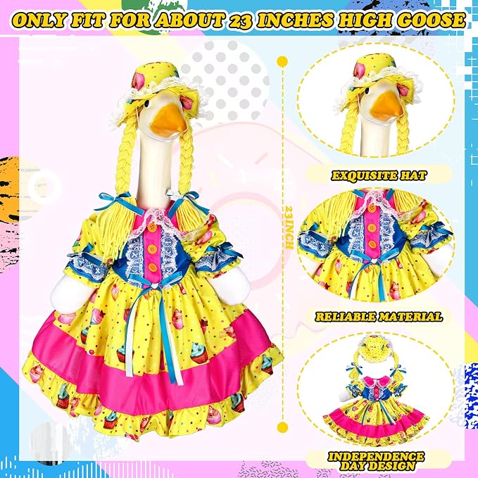 Birthday Porch Goose Dress Outfit Summer Goose Clothes Back to School Classroom Decor for 23" High Cement Plastic Geese Costume for Yard Lawn Outdoor Garden Duck Statue Carnival Circus Holiday Decor