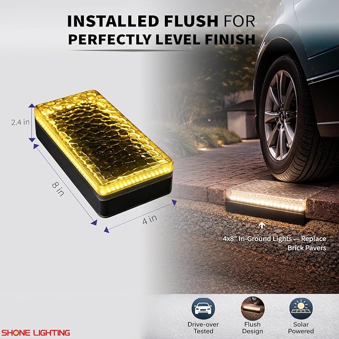 4x8 Solar Ground Lights, 12-Color Paver Light, RGB-W, 6Pack | Outdoor Waterproof, Recessed Lighting Bricks, Color Changing, Driveway, Pathway, Landscape, Heavy Duty, Car Weight Bearing