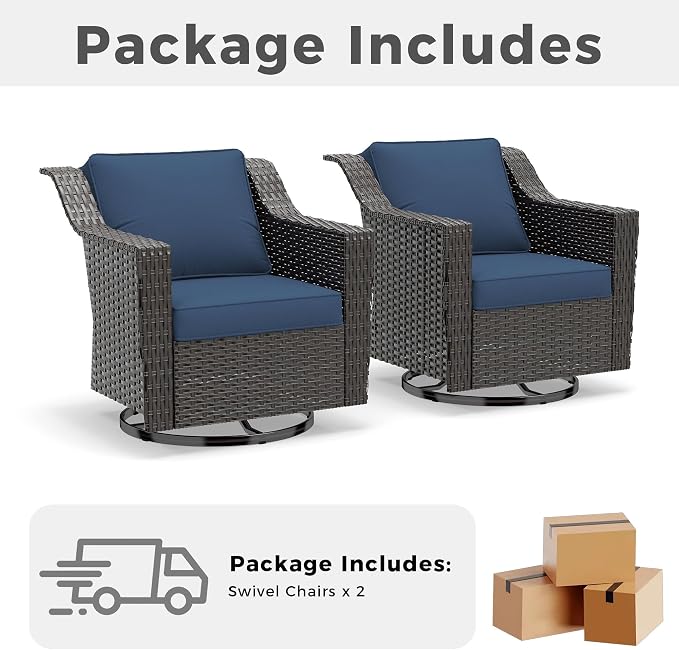 Patio 2 Pieces Wicker Swivel Chairs Set of 2，Outdoor PE Rattan Rocking Glider Armchairs, Water-Resistant Cushions with Removable and Washable Covers, Porch, Balcony, Sunroom (Navy Blue)