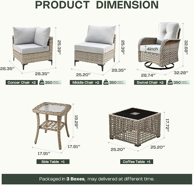 8 Pieces Patio Furniture Set, Outdoor Conversation Set with 360° Swivel Rocker Chairs, Wicker Sectional Sofa & Solar Powered Lighted Table, High Back Outdoor Furniture for Backyard Porch, Light Gray