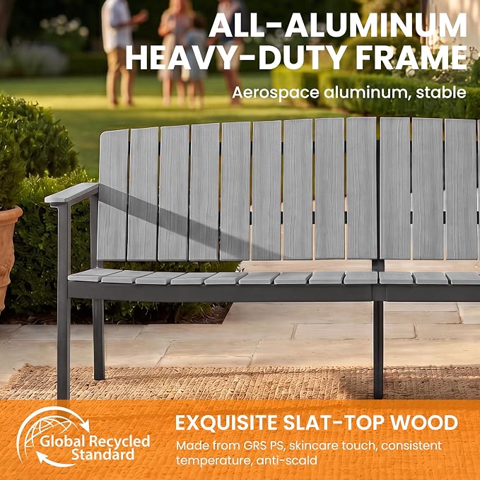 Aluminum Patio Furniture Set, Outdoor Furniture Set 4 Pieces Aluminum Frame HDPS Faux Wood, All Weather Conversation Set for Backyard, Garden, Poolside Grey