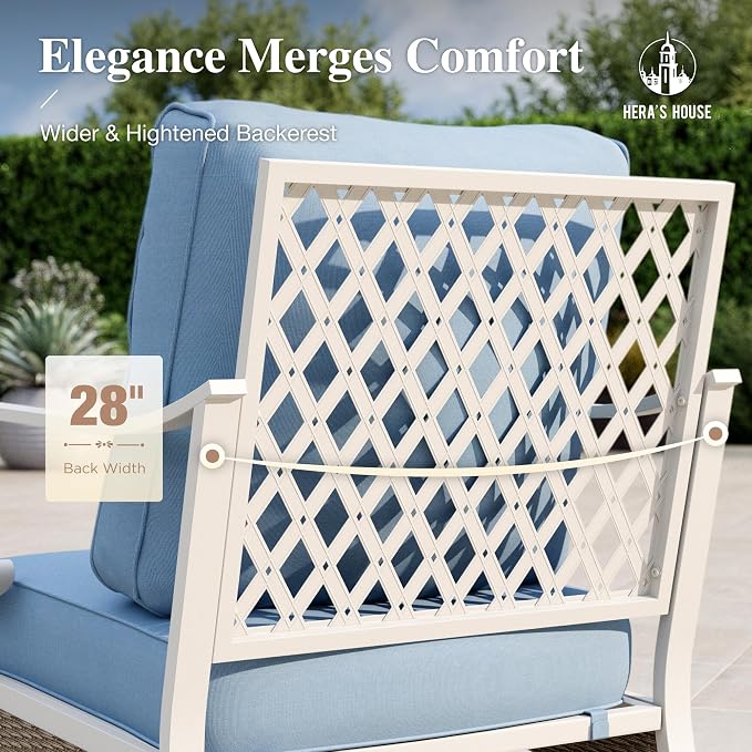 HERA'S HOUSE Patio Furniture Set with Metal & Rattan Design 4 Pieces, 2 x Swivel Chairs, 1 x 3-Seat Sofa & Marble Coffee Table, All-Weather Outdoor Conversation Set for Garden Backyard Lawn, Blue