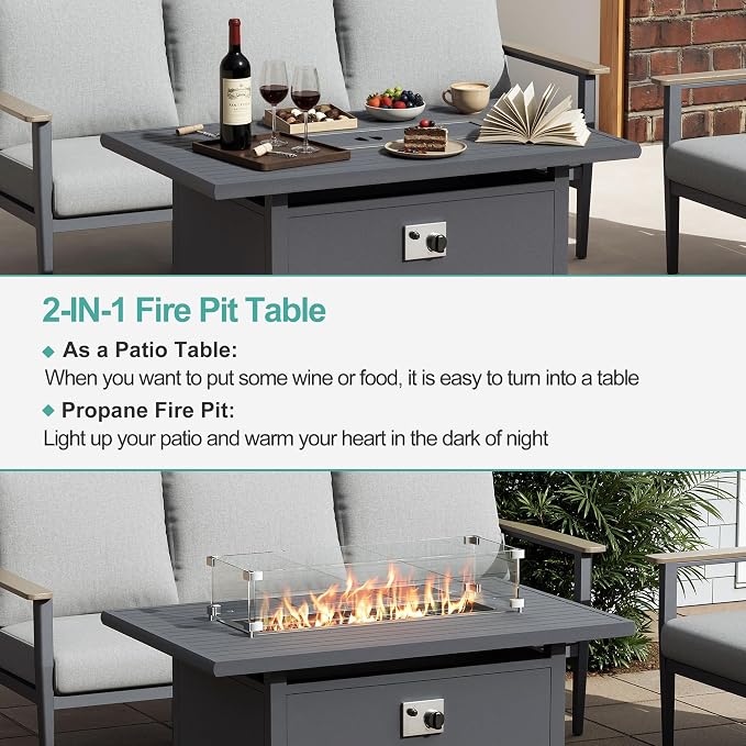 Aluminum Outdoor Patio Furniture Set 5-Seat, Patio Conversation Set Sectional Furniture Set with Swivel Rocking Chairs High Backrest & Thickened Cushions for Garden, Backyard, Poolside, Grey