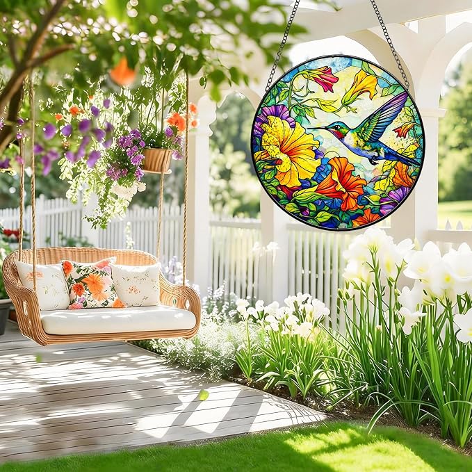 Stained Glass Window Hanging - Colorful Hummingbird Suncatcher for Windows Doors Home Decor, Hummingbird Flowers Sun Catcher Gift for Women Mom Nana Bird Lovers Christmas Mother's Day Birthday 7.8 in