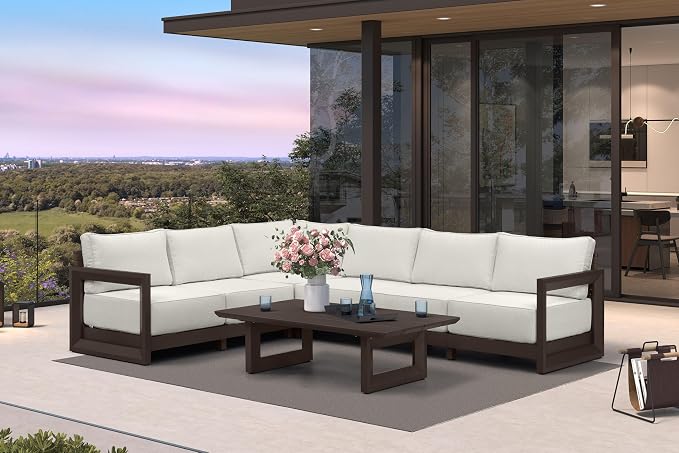 PURPLE LEAF Patio Furniture Set L-Shaped Outdoor Couch with 9.6" Thick Cushion and Soft Pillows 7 Piece Outdoor Sectional Sofas with Table Modern Outdoor Conversation Sets for Yard Porch Deck, Bronze