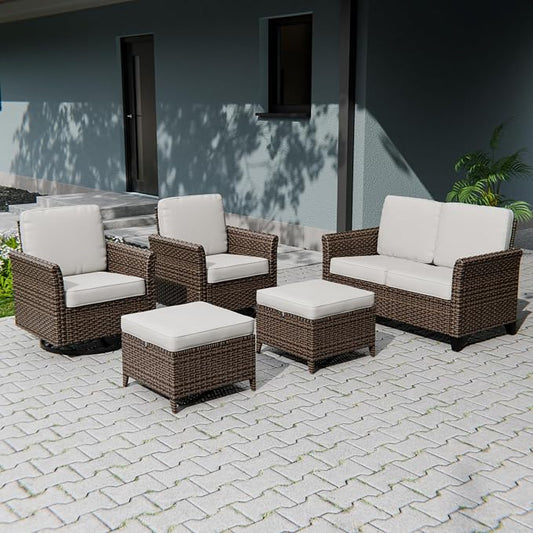 COOS BAY Harbor Retreat 5 Piece Outdoor Furniture Set, Patio Conversation Set with Swivel Rocking Chairs, 2 Seat Loveseat and Ottomans, Wicker Furniture, Brown/Beige