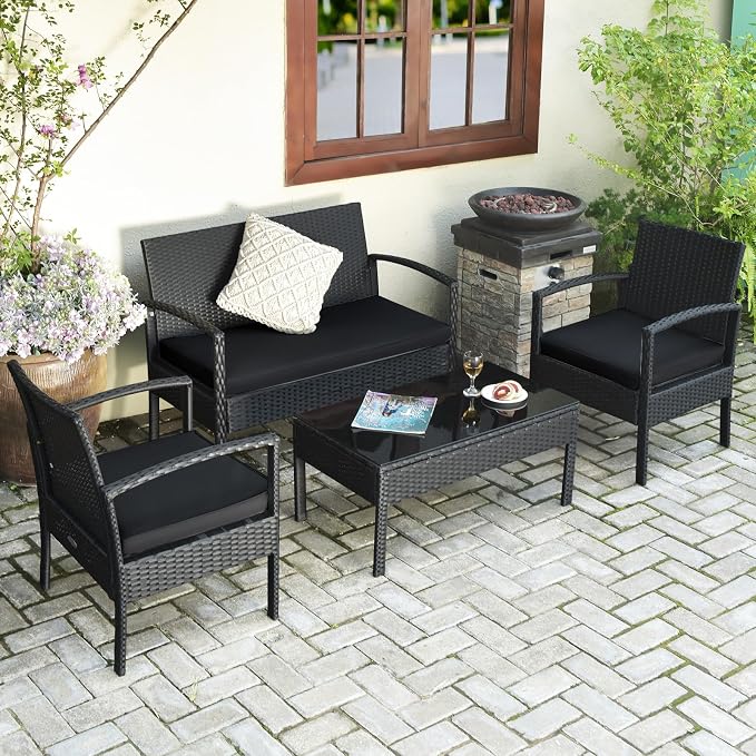 HAPPYGRILL 4-Piece Patio Conversation Set Outdoor Rattan Wicker Sofa & Coffee Table Furniture Set for Patio Garden Poolside
