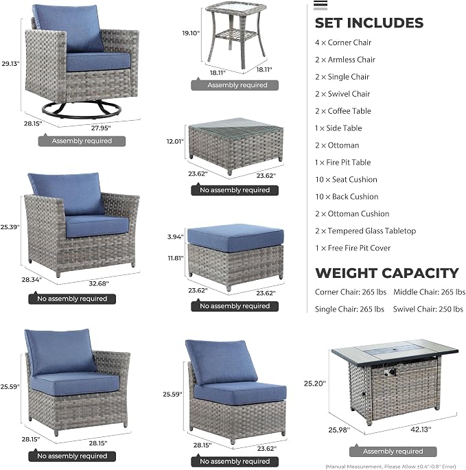 CAODOC 16 Pieces Patio Furniture Conversation Set with 42" Fire Pit Table Rocking Chair Outdoor Sectional Gray Wicker Sofa Set