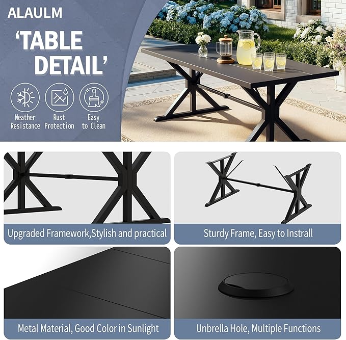 ALAULM 7-Piece Patio Dining Set,Outdoor Metal Dining Set with 6 Swivel Chairs & Rectangle Table with 1.5 Umbrella Hole, Patio Dining Table and Chairs for Backyard, Sand