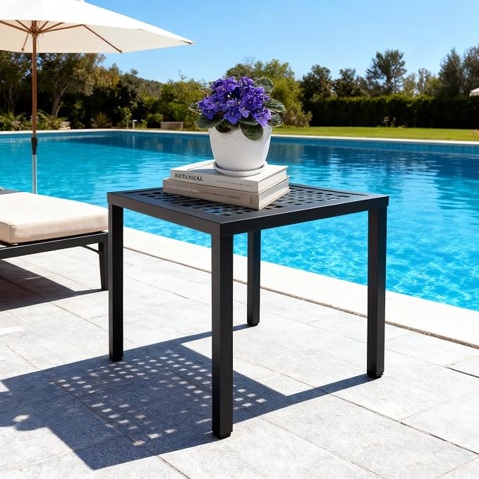 Square Aluminum Outdoor Side Table, Rustproof Patio Coffee Table | Powder-coated scratch-proof aluminum top, all-weather frame, easy assembly for garden, deck & pool