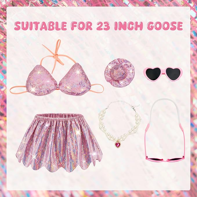 Pink Bikini Goose Clothes Set with Sunglasses Necklace Hat, Pink Sequin Swimming Suits Porch Goose Outfits for 23 Inch Goose Statue, Summer Pool Party Garden Decor (Pink)