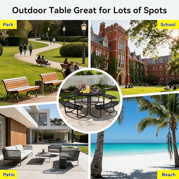 46" Round Heavy Duty Metal Picnic Table with 1.78" Umbrella Hole, Rustproof Coated Mesh Tabletop, Portable Round Outdoor Table for Patio, Lawn, Garden, Backyard & Camping, Black