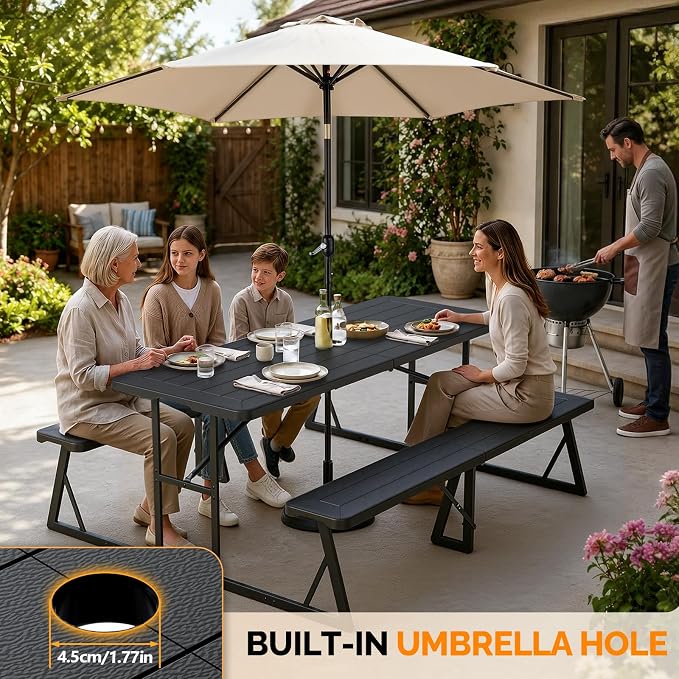 VINGLI Outdoor Picnic Table with Umbrella Hole, 6FT All Weather Metal Frame HDPE Tabletop Plastic Picnic Table for Dining Party Garden(Black)