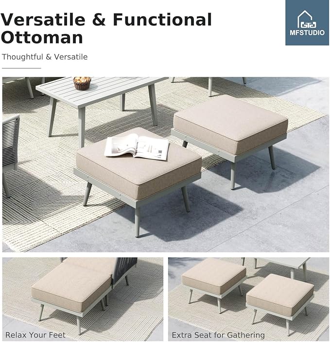 MFSTUDIO 8 Pieces Metal Patio Furniture Sets with Detachable Rope Rattan Armrest, 7 Seats Steel Outdoor Conversation Set All Weather Patio Sectional Couch with Coffee Table & Ottomans, Beige Cushion