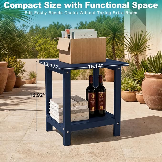 Outdoor Side Table with Storage Shelf, 2-Tier Patio Side Table, HDPE All Weather Outdoor End Tables for Adirondack Chair, Small Patio End Table for Backyard Porch Lawn Poolside, Dark Blue