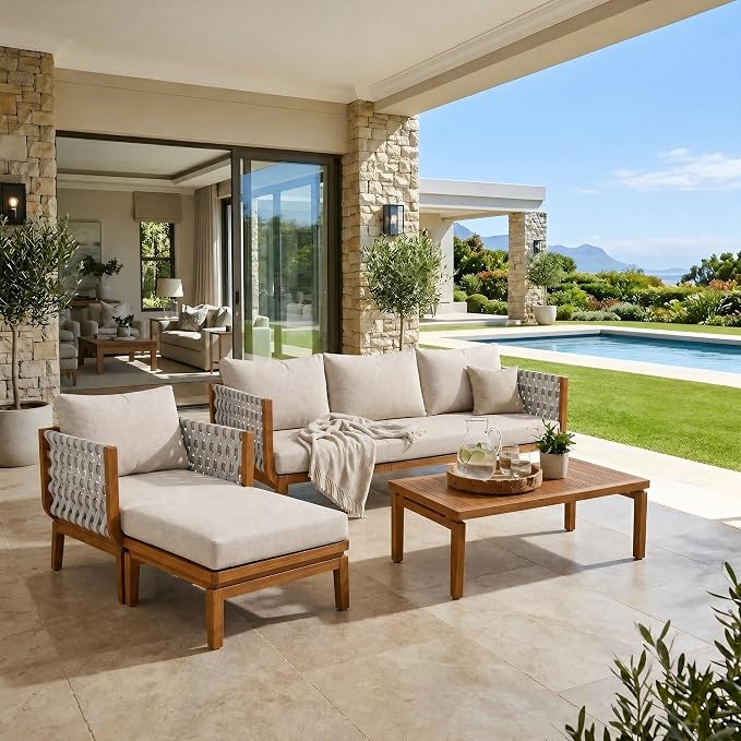 Christopher Knight Home Gwen 4 Piece Acacia Wood Patio Conversation Set with Sofa, Coffee Table, Ottoman and Club Chair, Patio Sofa Set with Cushions, Outdoor Patio Furniture Set for 5, Teak+Beige