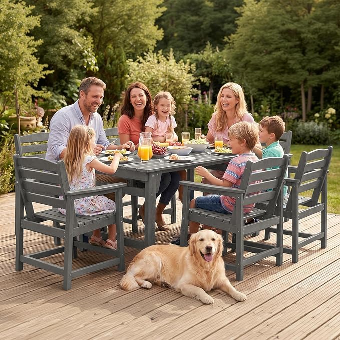 Furnimart 7-Piece Outdoor Dining Set, 67" HDPE Dining Table and Chairs for 6, All-Weather Patio Dining Set with Umbrella Hole, Outdoor Furniture Set for Backyard, Garden, Lawn & Poolside, Grey
