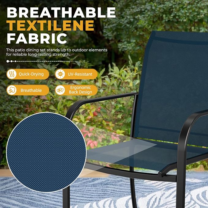Incbruce 6 PCS Patio Dining Set with Brown Umbrella, Outdoor Dining Set of 4 Textilene Chairs and 41" Round Table with Umbrella Hole for Backyard, Garden, and Poolside (Blue)