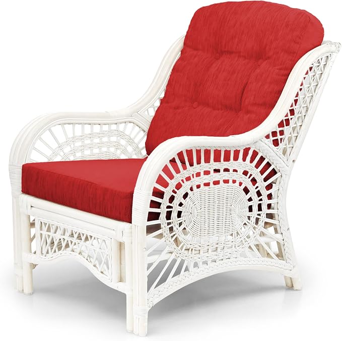 Malibu Lounge Set of 4: 2 Natural Rattan Wicker Chairs, Three-Seater Sofa with Red Cushions and Coffee Table with Glass Handmade, White Color