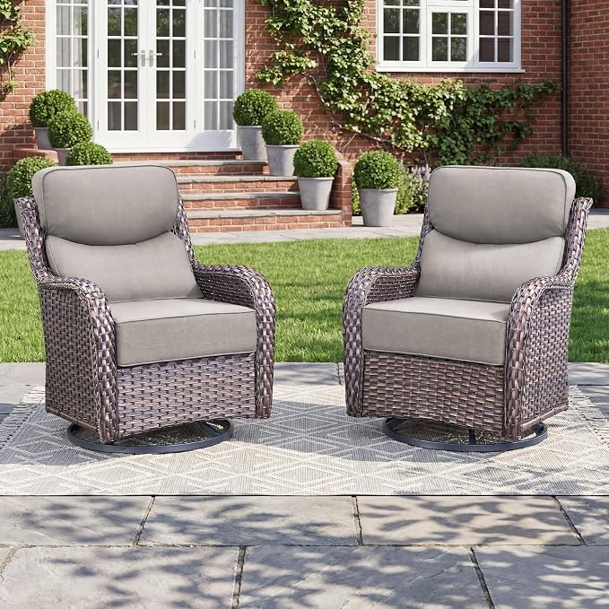 Luxury Swivel Rocker Chairs Set with 6" Thick Cushion - Wicker Outdoor Swivel Rocker Patio Chair High Back Comfortable Outdoor patio furniture set Glider Chairs set - Brown Wicker | Grey Cushions