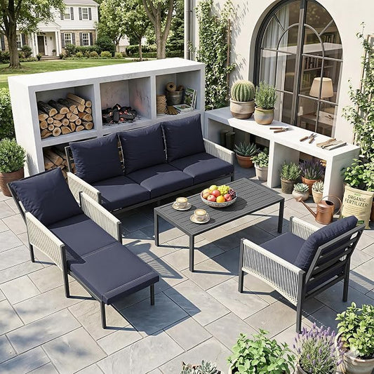 U-MAX Aluminum Patio Furniture Set 5 Seats Outdoor Sectional Couch with Coffee Central Table Patio Conversation Sets for Porch Deck (Dark Blue, with Retractable Single Sofa)