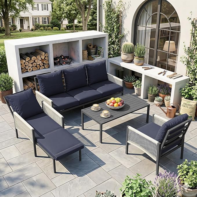 AECOJOY Aluminum Patio Sectional Sofa Set 5-Seat Dark Blue | Outdoor Furniture, Coffee Table Included, Porch & Deck Use, Conversation Set